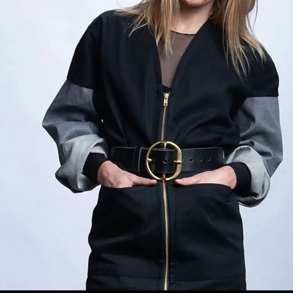 New Garnish PDX Ruth Duster workwear zip front dress black with grey sleeves XS - Picture 1 of 5